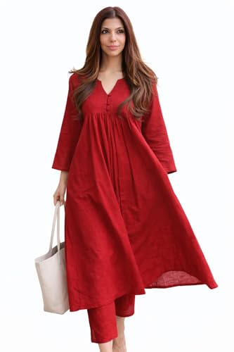 Image of Women's Red Rayon Kurta Set with Pants, V-Neck Long Sleeve Gathered Empire Waist Casual Ethnic Wear