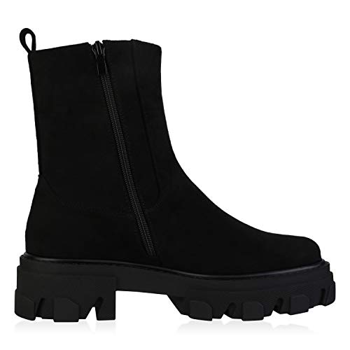VAN HILL Damen Stiefeletten Freizeit Plateau Vorne Boots Blockabsatz Stiefel Profilsohle Absatzschuhe Herbst Schuhe 197454 Schwarz 38