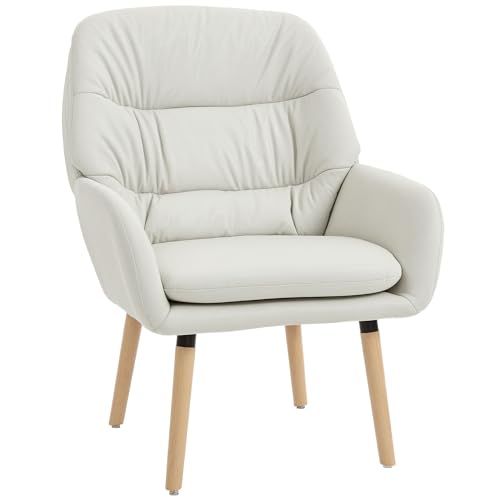 HOMCOM Sillón de Salón Moderno, Butaca de Salón, Acolchado de Doble Capa, Tapizado en Cuero Sintético, Patas de Madera, Sillón de Lectura para Dormitorio, Oficina, Estudio, 68x74x89 cm, Crema