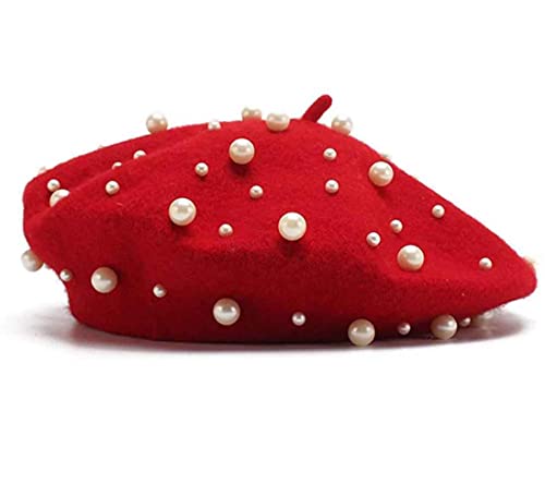 JOIZPAPA Women's Wool Berets Winter Hat Knitted French Style Pearl Beaded Beret Cap Beanie Hat