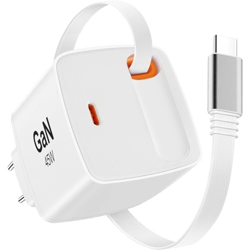 envircell 45W USB C Ladegerät mit Einziehbarem Kabel, GaN Schnellladegerät mit 2 Port, PPS Netzteil Kompatibel mit Galaxy S25, S24, A15, iPhone 16-8 Serie, Pads, MacBook Air