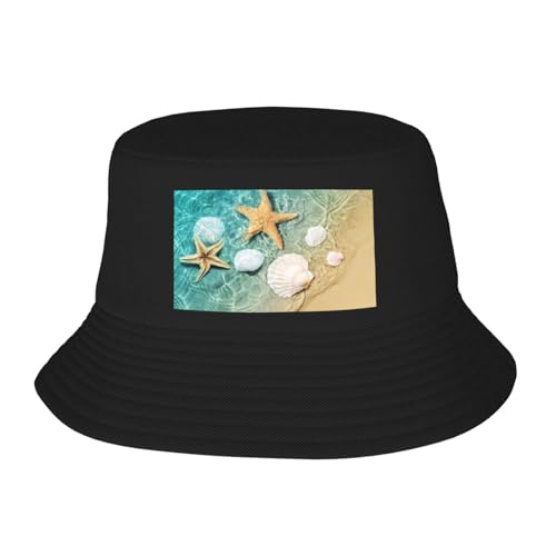 Starfish and Seashell Pattern Print Bucket Hat for Women Men Summer Sun Beach Fishing Cap Black
