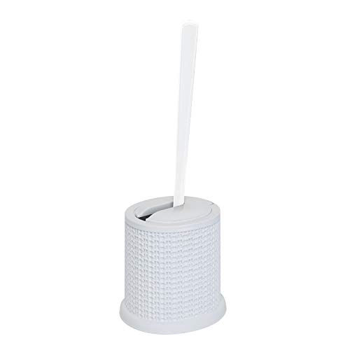 Image of Bath Bliss Self Closing Lid Toilet Brush with Rim Scrubber | Dimensions: 5. 9 inch x 5. 3 inch x 15. 4 inch | Self Closing | 360 Degree Bristle | Bathroom Cleaning | Separate Rim Scrubber | White