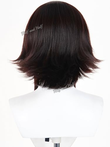 Image of Half and Half Short Brown Black Anime Circus Clown Cosplay Wig for Women Deep Brown Wigs with Bangs & Layers for Halloween Party Daily