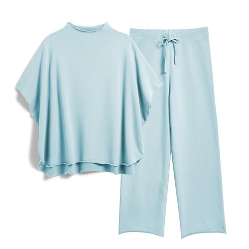 Image of SeeLuNa Women's Two Piece Outfits 3 /4 Batwing Sleeve Capelet Crew Neck Pullover Top Wide Leg Pants Lounge Set