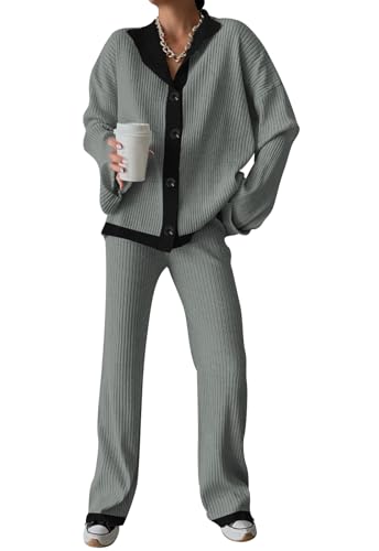 Cakulo Womens Lounge Sets 2 Piece Outfits 2025 Button Cardigan Knit Sweater Pants Loungewear Matching Set Grey Black M