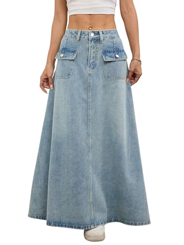 ebossy Women's Vintage Mid-Rise Multi-Pockets Flared Long Jean Skirts Pleated Flowy Swing A-line Denim Maxi Skirts