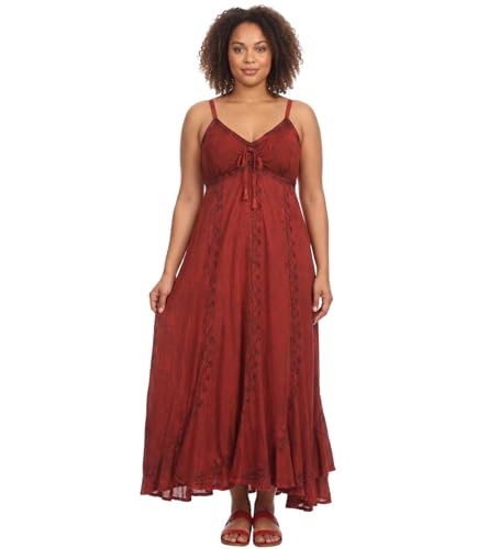 Image of Sakkas Allie Stonewashed Embroidered Adjustable Spaghetti Straps Long Dress