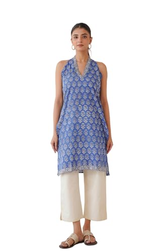 Image of GOODHAND Chic Cotton Halter Kurti with Timeless Block printsPerfect for Casual outings or Festive Flair-Where Traditional Charm Meets Modern Silhouette