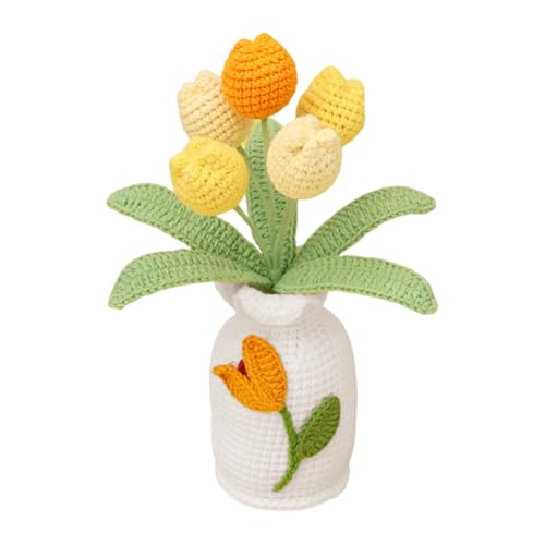 Magicherry Tulipani all'uncinetto, piante in vaso, 22 cm, fiori artificiali fatti a mano, per compleanno, matrimonio, decorazione per la casa, colore giallo sfumato