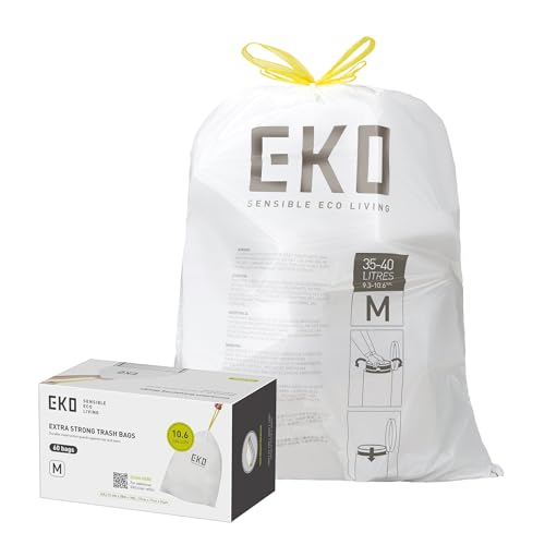 Image of EKO 10.6 Gallon / 35-40 Liter Drawstring Trash Bags, 60 Count Heavy-Duty Tall Kitchen Garbage Can Liners, Extra-Strong Leak-Resistant, Unscented, White, Code M
