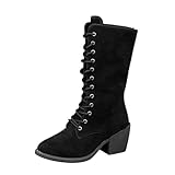 TVNGDLI Women's Gothic Mid Calf Boots Retro Chunky High Heel Long Booties Fashion Suede Casual Classic Pointed Toe Lace up heel Shoes