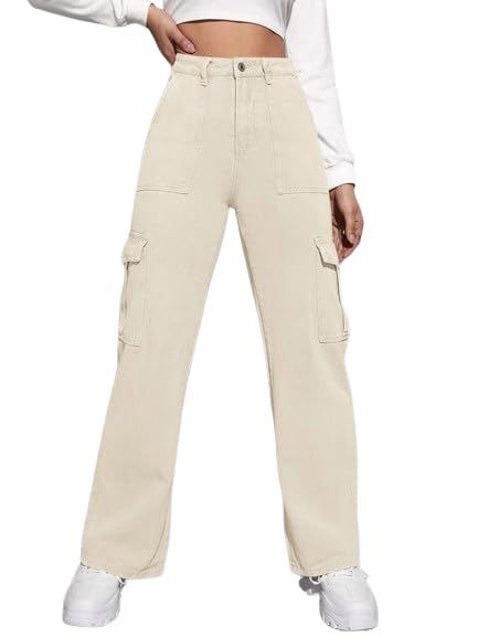 YAGNAPURUSHWomen's Regular Solid Mid Rise High Waist Boyfriend Style Wide Leg Bell Bottom Jeans Pant