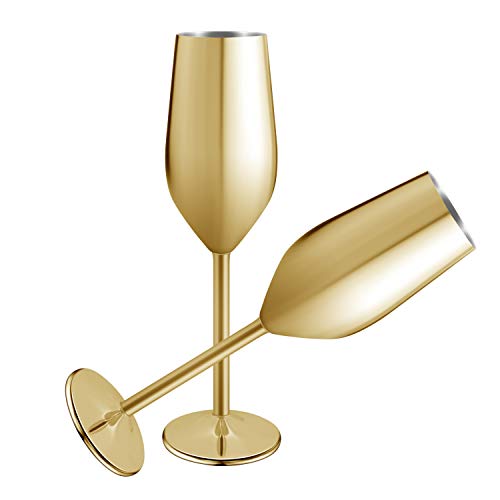 Juego de 2 copas de champán de acero inoxidable, irrompibles de 200 ml, sin BPA, para bodas, fiestas y aniversarios, 3 colores (dorado)