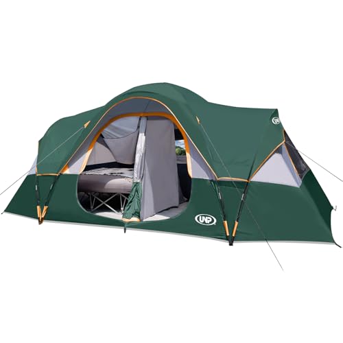 UNP Camping Tent 10-Person-Family Tents, Parties, Music Festival Tent, Big, Easy Up, 5 Large Mesh Windows, Double Layer, 2 Room, Waterproof, Weather Resistant, 18ft x 9ft x78in (Dark Green)
