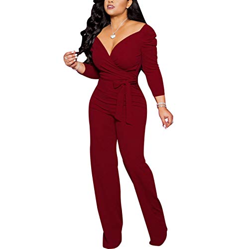 IyMoo Women's Sexy Wrap Top Wide Leg Long Sleeve V Neck Sleeveless Cocktail Jumpsuit 3-Wine Red Large