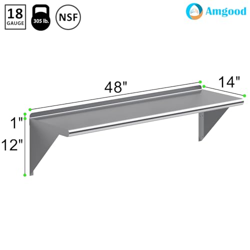 Image of AmGood 48 inch Long X 14 inch Deep Stainless Steel Wall Shelf | NSF Certified | Appliance & Equipment Metal Shelving | Kitchen, Restaurant, Garage, Laundry, Utility Room