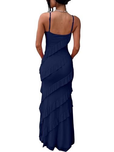 Image of HOCILLE Women's Sexy V Neck Backless Bodycon Spaghetti Strap Elegant Ruffle Maxi Cocktail Party Dresses