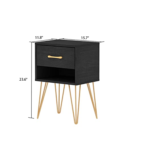 Famapy Nightstands Set Of 2, Bedside Table Side Table With Drawer & Shelf, Industrial Style, Gold Metal Legs, End Table Black (15.7”W X 11.8”D X 23.6”H) #TOP2