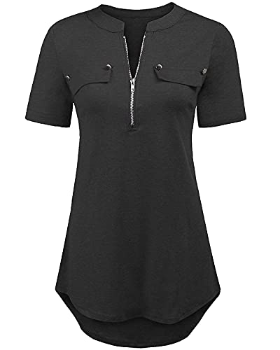 LuckyMore Womens Summer Formal Batwing Sleeve Zip Up Shirts Casual Blouse Tunic Tops Black L