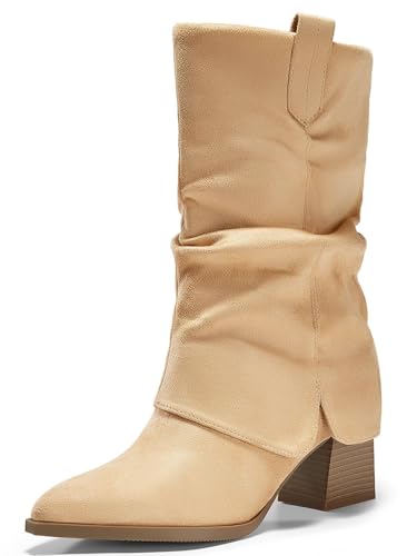 Coutgo Womens Fold Over Mid Calf Boots Slouchy Pointed Toe Chunky Heel Boots Pull On Winter Western Boot Shoes