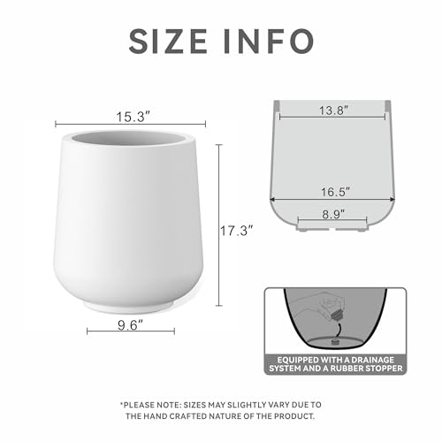 Image of Kante Large Round Curved White Concrete Planter 16.5 inch Dia, Outdoor | Rubber Plug for Indoor, Drainage for Garden, All-Weather Cement Tree Pot, Handcrafted, Anti-Frost & UV, Modern Home Decor