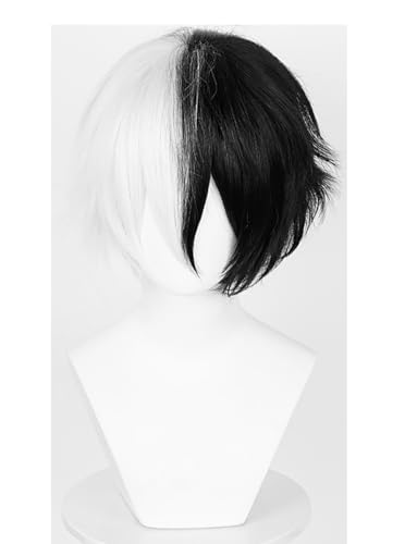 Image of Max Beauty Unisex Anime Short Black and White Cosplay Wig With Bangs Heat Resistant Hair for Party Halloween Costume + Free Cap (Two Tone)