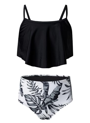 blibean Tween Girls Swimsuits Little Kids Summer Two Piece Bikini Sets Teen Girl Fashion Boho Hawaii Swim Bathing Suits Ruffled Beach Swimwear Traje Baño Niñas Size 8-9 Year Old Black