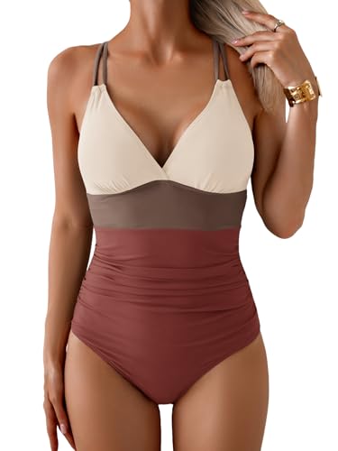 Image of Aidonger Women's One Piece Color Block Swimsuit Tummy Control Slimming Bathing Suit V Neck Cutout High Waisted Swimwear