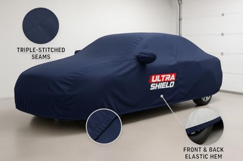 Image of ULTRA SHIELD All Weather Water-Resistant Car Cover for Skoda Kushaq | Durable Light-Weight Triple-Stitched Fabric, UV Protection, Dust-Proof | Mirror Pockets, Full Elastic | Navy Blue