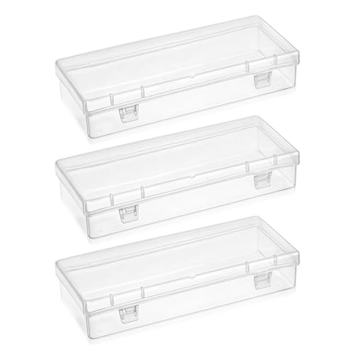 Image of Ptwola 3pcs Mini Plastic Storage Containers Box with Hinged Lid, 6.1x2.5 Inches Small Rectangle Dustproof Clear Beads Organizer Case for Collecting Craft Small Items Jewelry Business Cards Game Pieces