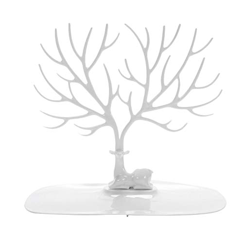 Jingyuu Expositor Árbol joyero de plástico Soporte de Joyas Pendientes Pulseras Anillos diseño de Ciervo Organizador Almacenamiento de Joyas, Blanco, 25×23CM