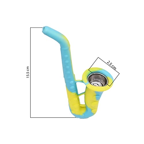 Image of Kookee Silicone Unbreakable Saxophone Smoking Pipe, Tobacco Pipes with Steel Bowl, Blue and Yellow