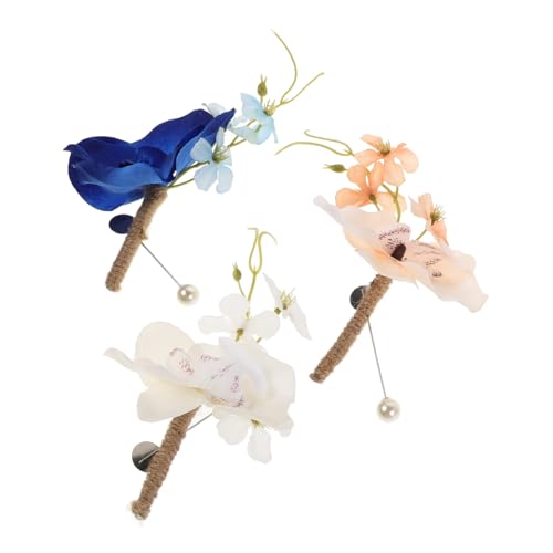 Boutonnière de mariage orchidée en soie et lin FRCOLOR - Lot de 3 pièces pour cortège
