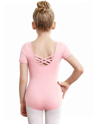 Image of Zaclotre Girls Gymnastics Leotards Crisscross Back Ballet Dance Outfits | Team Basic Leotard,Classic Short Sleeve,Hollow Back,High Stretch,Perfect Fit,Soft Cotton,Breathable,Ballerina Costume