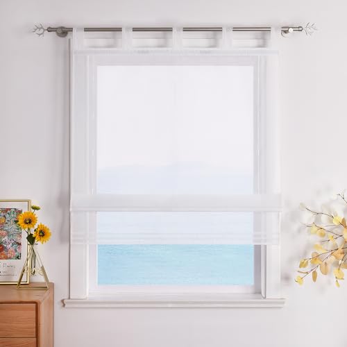 ESLIR Raffrollo mit Schlaufen Raffgardinen Gardinen Küche Transparent Schlaufenrollo Vorhänge Modern Voile Weiß BxH 140x155cm 1 Stück
