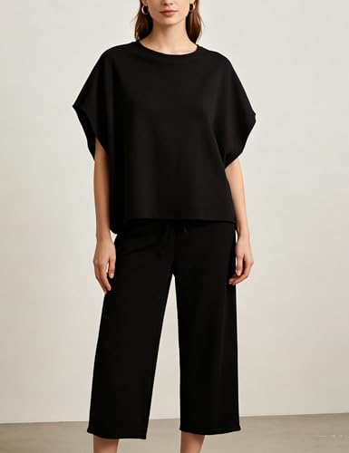 Image of Bozanly 2 Piece Sets for Women Short Sleeve Tops and Capris Loose Matching Pajama Sets Sweatsuits