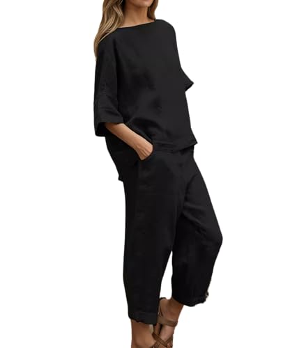 Womens Linen 2 Piece Outfits High Waist Loose Wide Leg Pants with Pockets Crew Neck 3/4 Sleeve Top Casual Comfy Sets
