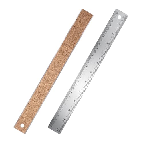 Regla de metal de 12 pulgadas, regla de metal de acero inoxidable con respaldo de corcho, regla antideslizante de borde recto con regla de medida de pulgadas y centímetros de largo para estudiantes,