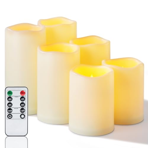 Image of Homemory Waterproof Flameless Candles, Outdoor Indoor Battery Operated LED Pillar Candles with Remote Control and Timer, Plastic, Long Lasting, D3 x H4 4 inch 5 inch 5 inch 6 inch 6 inch, Set of 6