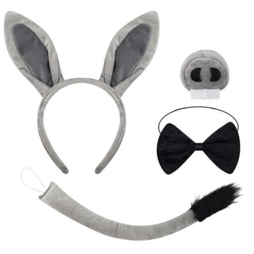 BOGCLEE 4 Piece Donkey Costume Set Donkey Costume Accessory Kit Fancy Dress Donkey Ears Headband Bow Tie Tail Nose for Adults for Cosplay Carnival Party
