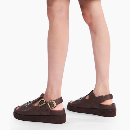 Brown Flower Platform Sandals for Women with Adjustable Buckle Back Strap Comfort Summer Open Toe Slip on Slingback T-Strap Beach Sandals.4