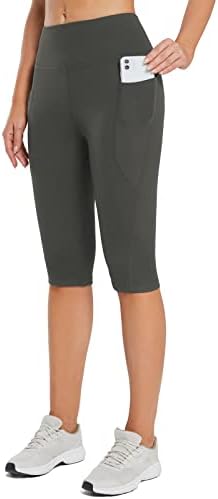 BALEAF Women's Yoga Capri Pants Knee Length Leggings High Waisted Petite Casual Workout Exercise Capris with Pockets Gray L