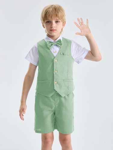 Image of LOLANTA Boys Linen Suit 4 Piece Summer Gentleman Outfit Kids Shorts Set