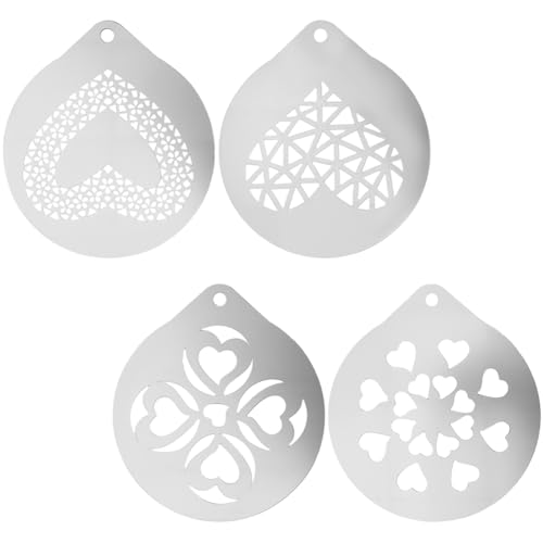 GORGECRAFT 4Pcs Metal Coffee Stencils Set - 4 Styles Silver Stainless Steel Heart Templates for Hot Chocolate, Cappuccino, and Desserts