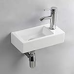 Ceramic Small Bathroom Sink Basin Wall Mount, RH Compact Hand Wash Basins Small Bowl for Cloakroom Gloss White