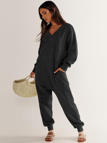 Anrabess Jumpsuits For Women 2024 Fall Long Sleeve Casual Loose Fit Romper Lounge One Piece Pajamas Outfits Jumper Black Small thumb #6