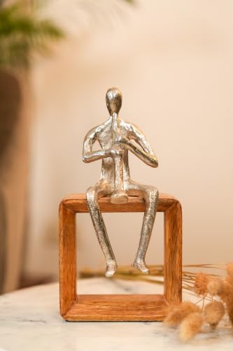 Image of MANOR HOUSE Flute Player Figurine Showpiece, Silver Metal Musician Sculpture on Wooden Square Base (Playing Flute Sculpture)