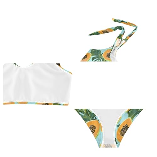 Wusikd Tropical Papaya Monstera Girls Swimsuits Two Piece Turquoise Swimwear Bikini Set for for Girls Size 3T4