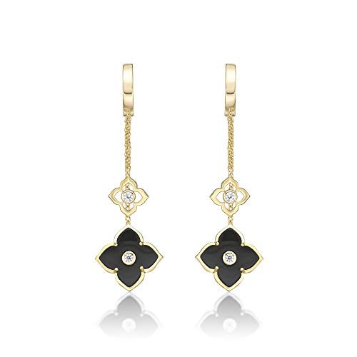 Black Onyx Flower Dangle Drop Earrings for Women in 925 Sterling Silver with Yellow Gold Plating Hinge Post by Lavari Jewelers